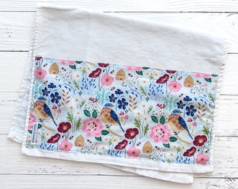 Spring Flowers and Birds Hand Towel | Multicolor Floral Dish Towel | Kitchen or Bathroom Towel | Hostess Housewarming Gift | Ready to Ship