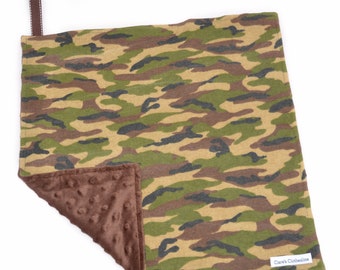 Camo Baby Lovey | Brown and Green Camouflage | Flannel and Minky Snuggle Blanket 15"x15" | Baby Shower Gift | Ready to Ship | Clearance Sale