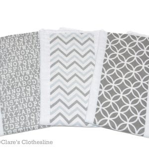 Gray Baby Burp Cloth Set of 3 | Gray and White Print Burp Rags | Alphabet, Chevron, Circles | Gender Neutral Baby Gift | Ready to Ship