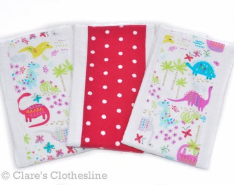 Dinosaur Baby Burp Cloths Set of 3 | Pink Girly Dino Flannel Burp Cloths | New Baby Girl Gift | Baby Shower Gift | Ready to Ship