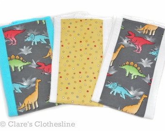 Dinosaur Baby Burp Cloth Set of 3 | Red Yellow Blue and Green Dinos Burp Rags | New Baby Boy Gift | Ready to Ship