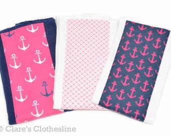 Anchor Burp Cloths Set of 3 | Navy and Hot Pink Nautical Burp Rags | Preppy Baby Girl Gift | Nautical Baby Shower Gift | Ready to Ship