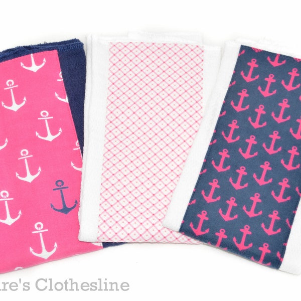 Anchor Burp Cloths Set of 3 | Navy and Hot Pink Nautical Burp Rags | Preppy Baby Girl Gift | Nautical Baby Shower Gift | Ready to Ship