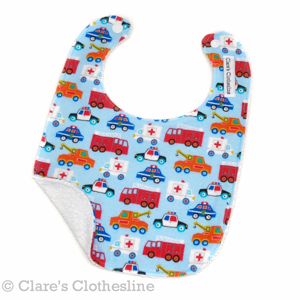 First Responders Baby Bib | Police Car, Ambulance, Fire Trucks, Tow Trucks | Flannel and Terry Cloth Bib | Baby Shower Gift | Ready to Ship