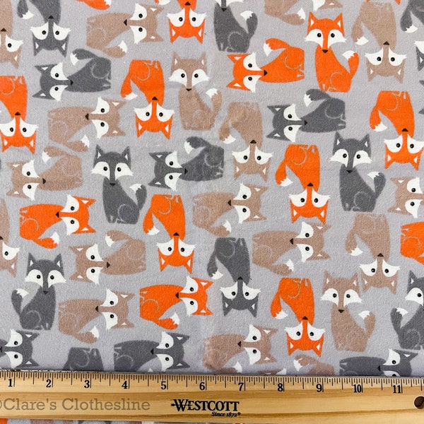 Fox Flannel Fabric | Gray and Orange Woodland Foxes | Flannel by the Yard | Ready to Ship