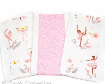 Ballerina Baby Burp Cloths Set of 3 | Pink and White Ballet Dancers Burp Rags | Classic Pink Baby Gift | New Baby Girl Gift | Ready to Ship