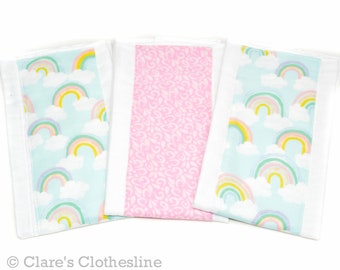 Rainbow Burp Cloths Set of 3 | Pastel Rainbows and Clouds Burp Rags | New Baby Girl Gift | Spring Baby Gift | READY TO SHIP