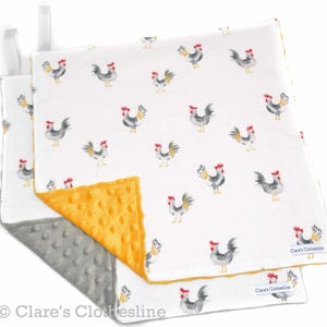Chickens Baby Lovey | White and Gray Roosters Flannel and Minky Lovey 15&quot;x15&quot; | Farm Animal Baby Gift | Baby Shower Gift | Ready to Ship