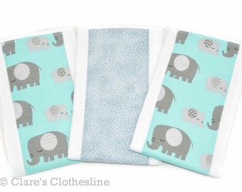 Elephant Baby Burp Cloths Set of 3 | Gray and Aqua Elephants Burp Rags | Gender Neutral Baby Gift | Safari Baby Shower Gift | Ready to Ship