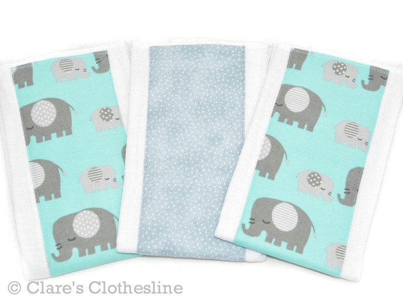 Gray and Aqua Elephants Burp Rags Ready to Ship Gender Neutral Baby Gift Elephant Baby Burp Cloths Set of 3 Safari Baby Shower Gift
