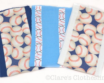 Baseball Burp Cloths Set of 3 | Blue and White Baseball Flannel Burp Rags | Sports Fan Baby Gift | New Baby Boy Gift | READY TO SHIP