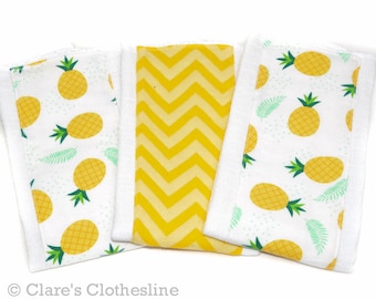 Pineapples Baby Burp Cloths Set of 3 | Yellow Tropical Fruit Flannel Burp Cloths | Summer Baby Gift | Gender Neutral Baby | Ready to Ship