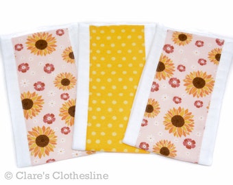 Sunflowers Burp Cloths Set of 3 | Pink and Yellow Floral Burp Rags | New Baby Girl Gift | Baby Shower Gift | Ready to Ship