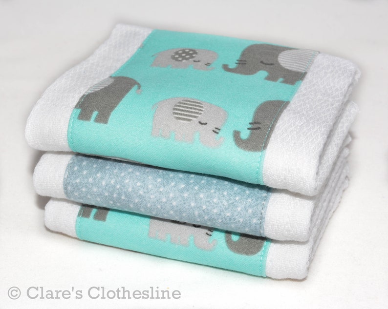 Gray and Aqua Elephants Burp Rags Ready to Ship Gender Neutral Baby Gift Elephant Baby Burp Cloths Set of 3 Safari Baby Shower Gift