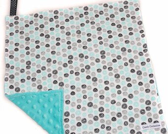 Polka Dots Baby Lovey | Aqua Gray and Black Circles | Flannel and Minky Snuggle Blanket 15"x15" | Gender Neutral Baby | Ready to Ship | SALE