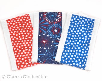 Americana Baby Burp Cloth Set of 3 | Patriotic Stars and Fireworks Burp Rags | Red White and Blue Baby Gift | READY TO SHIP