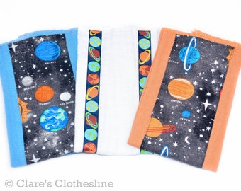 Solar System Baby Burp Cloths Set of 3 | Outer Space Planets Burp Rags | New Baby Boy Gift | Space Baby Shower Gift | Ready to Ship