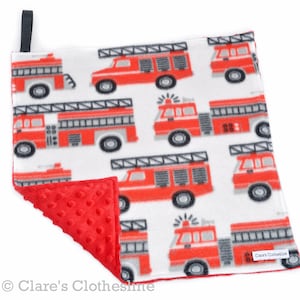 Fire Truck Baby Lovey | Red and Black Fire Engines | Fleece and Minky Snuggle Blanket 15"x15" | Firefighter Baby | Ready to Ship