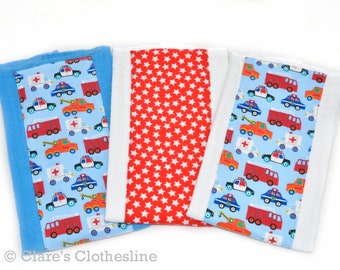 First Responders Baby Burp Cloths Set of 3 | Police Car, Ambulance, Fire Trucks, Tow Trucks Burp Rags | New Baby Gift | READY TO SHIP