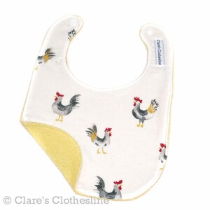 Chickens Baby Bib | White and Gray Roosters Flannel and Terry Cloth Bib | Barnyard Animals Farm Baby Gift | Baby Shower Gift | Ready to Ship