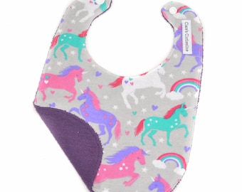 Unicorns Baby Bib | Pink and Purple Unicorn Flannel and Terry Cloth Bib | New Baby Girl Gift | Baby Shower Gift | Ready to Ship