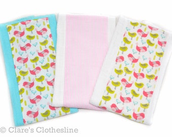 Birdie Baby Burp Cloths Set of 3 | Pink and Green Birds Burp Rags | New Baby Girl Gift | Baby Shower Gift | Ready to Ship