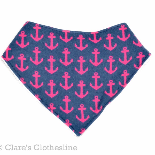 Anchor Bandana Baby Bib | Navy and Hot Pink Flannel and Terry Cloth Drool Bib | Nautical Baby Gift | New Baby Girl |  Ready to Ship