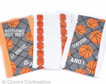 Basketball Burp Cloths Set of 3 | Orange and Gray Basketball Burp Rags | Sports Fan Baby Gift | Basketball Baby Shower Gift | READY TO SHIP