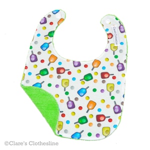 Pickleball Baby Bib | Pickleball Paddles and Balls Cotton and Terry Cloth Bib | Pickler Baby Gift | Sporty New Baby Gift | Ready to Ship