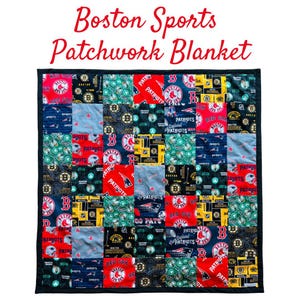May include: Patchwork blanket featuring various Boston sports team logos, including the Red Sox and Patriots. The blanket is made of squares in red, blue, green, and yellow. The text "Boston Sports Patchwork Blanket" is displayed in red at the top.