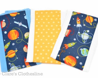 Rockets Baby Burp Cloths Set of 3 | Space Travel and Planets Burp Rags | New Baby Boy Gift | Space Baby Shower Gift | Ready to Ship