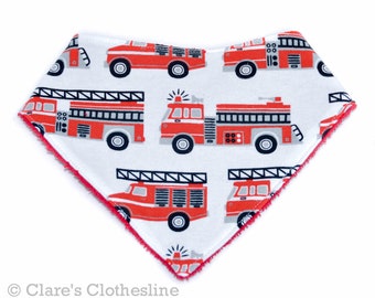 Fire Truck Bandana Baby Bib | Fire Engines Flannel and Terry Cloth Drool Bib | Firefighter First Responder Baby Gift | Ready to Ship