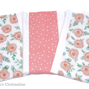 Roses Burp Cloths Set of 3 | Coral Pink and White Floral Burp Rags | New Baby Girl Gift | Flowers Baby Shower Gift | Ready to Ship