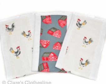 Chickens Baby Burp Cloth Set of 3 | Roosters and Barns Flannel Burp Rags | Farm Baby Gift | Baby Shower Gift | Ready to Ship