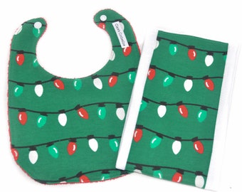 Christmas Bib and Burp Cloth Set | Green, Red and White String Lights | Holiday Baby Gift | Ready to Ship | Clearance Sale