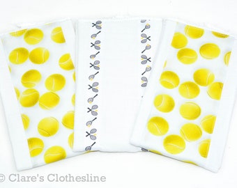 Tennis Burp Cloths Set of 3 | Yellow and White Tennis Burp Rags | Sports Fan Baby Gift | Tennis Baby Shower Gift | READY TO SHIP