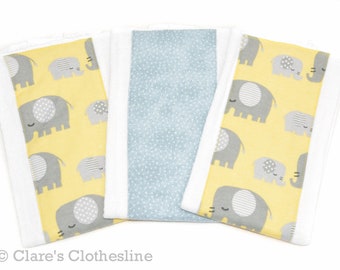 Elephant Baby Burp Cloth Set of 3 | Gray and Yellow Elephants Burp Rags | Gender Neutral Baby Gift | Safari Baby Shower Gift | Ready to Ship