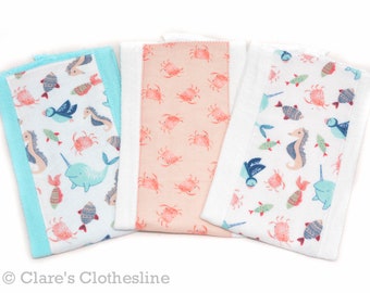 Sea Creatures Baby Burp Cloths Set of 3 | Ocean Animals Burp Rags | Narwhals, Crabs, Seahorses, Fish, Puffins | Ready to Ship