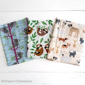 Animal Patterns Flannel Remnants: koalas, sloths, puppy dogs