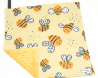 Bumble Bee Baby Lovey | Yellow Honey Bees Fleece and Minky Snuggle Blanket 15"x15" | Baby Shower Gift | Ready to Ship