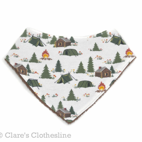 Camping Bandana Baby Bib | Brown and Green Log Cabins and Tents in the Woods | Flannel and Terry Cloth Drool Bib | Baby Gift | Ready to Ship