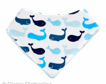 Whale Bandana Baby Bib | Blue and White Ocean Animal Flannel and Terry Cloth Drool Bib | Nautical Baby Boy Gift | Ready to Ship