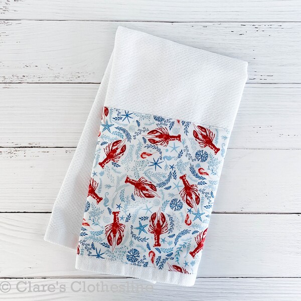 Lobster Hand Towel | Red Lobsters and Blue Sea Creatures Dish Towel | Kitchen or Bathroom Hand Towel | New England Gift | Ready to Ship