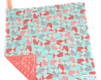 Fox Baby Baby Lovey | Coral and Aqua Woodland Foxes Snuggle Blanket 15"x15" | Newborn Girl | Baby Shower Gift | Ready to Ship|Clearance Sale