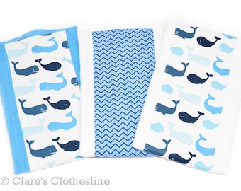 Whales Baby Burp Cloth Set of 3 | Nautical Flannel Burp Rags | Ocean Animal Baby Gift | New Baby Boy Gift | Ready to Ship