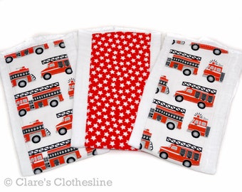 Fire Trucks Baby Burp Cloths Set of 3 | Red and Black Fire Engine Burp Rags | Firefighter First Responder | Baby Shower Gift | READY TO SHIP