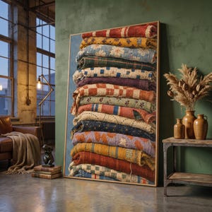 Peut inclure: Une grande impression d'art encadrée de forme rectangulaire représentant une pile verticale de courtepointes et de textiles pliés de style vintage, aux couleurs variées comme le rouge, le bleu, le jaune et le vert avec des motifs divers.