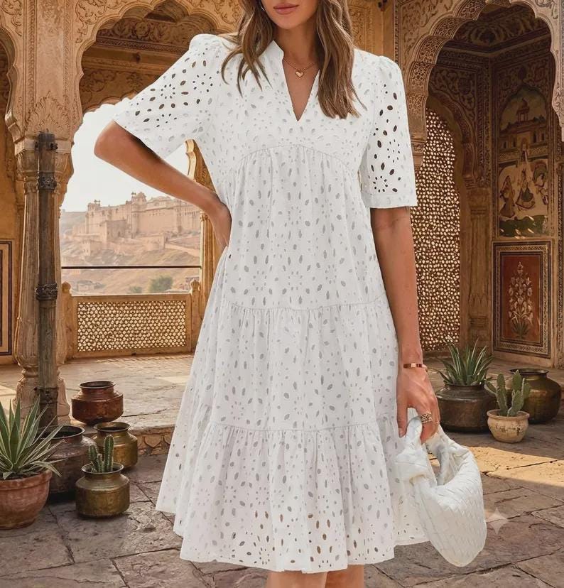White Cotton Eyelet Dresses for Women