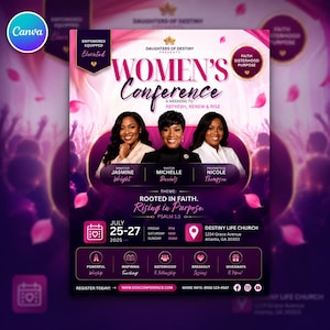Può includere: Un volantino promozionale per una conferenza femminile con tre relatrici, Minister Jasmine Wright, Pastor Michelle Daniels e Prophetess Nicole Thompson. Il design utilizza tonalità rosa e viola con testo che dettaglia le date dell'evento, dal 25 al 27 luglio 2025, presso la Destiny Life Church ad Atlanta, GA, e il tema Rooted in Faith, Rising in Purpose.