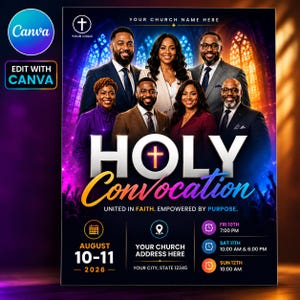 May include: A church event flyer titled HOLY Convocation featuring six people in professional attire. The text includes dates August 10-11 2026, times for Friday, Saturday, and Sunday, and placeholders for church name, address, and city, state.